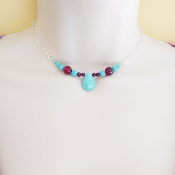 Turquoise Howlite & Cranberry Agate - Bar Necklace - Perfect 4 Spring + Summer - Picture 8 of 8